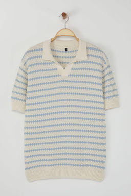 TRENDYOL MAN Limited Edition Ekru Regular Cizgili Dokulu Triko Polo Yaka T-shirt TMNSS25PO00007 - Trendyolmilla фото 3