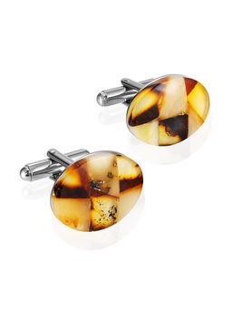 Запонки овальные с янтарной мозаикой