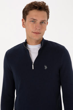 Erkek Slim Fit Yar_m Fermuarl_ Lacivert Basic Kazak