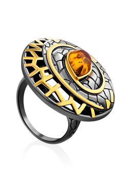 Роскошное кольцо Донателла из чернёного серебра с золочением, украшенное янтарём