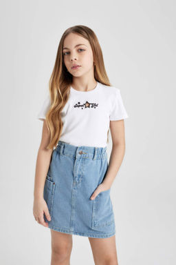 K?z Cocuk Slim Fit Dar Kesim Bisiklet Yaka Fitilli Kaskorse K?sa Kollu Tisort - Defacto фото 3