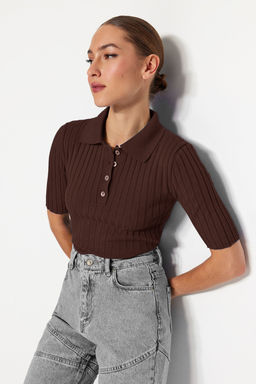 Kahverengi Basic Polo Yaka T-Shirt Gorunumlu Triko Ince Bluz TWOSS20BZ0112