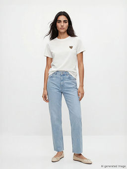 Bisiklet Yaka Leoparl? Kalp Bask?l? Kad?n Ti??rt