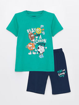 Bisiklet Yaka Bask?l? K?sa Kollu Erkek ?ocuk ?ortlu Pijama Tak?m?