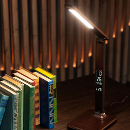 TLD-551 Brown/LED/450Lm/3000-6000K/Dimmer/USB Светильник настольный c часами, календарем, термометром, 9W. Сенсорный выключатель. Коричневый (стилизован под кожу). TM Uniel.