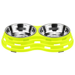 Миска для кормления животных из нержавеющей стали Обед 0,45л, д14см h4см, 2 штуки на пластмассовой подставке 33,5х18х6см, цвета микс (Китай) - Pet toys фото 6