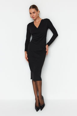 TRENDYOLMILLA Mor Kruvaze Yaka Uzun Kollu Buzgu Detayl? Vucuda Oturan Midi Orme Elbise TWOAW24EL00826 фото 7