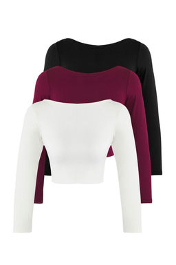 Trendyolmilla Siyah-Beyaz-Antrasit 3lu Paket Crop Fitted/Vucuda Oturan Orme Bluz TWOAW25BZ00300