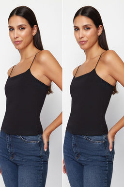 TRENDYOLMILLA Siyah-Beyaz Ask?l? Regular Esnek 2li Paket Orme Atlet TWOSS24AL00048