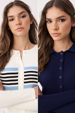 Ekru*001-Lacivert Crop Renk Bloklu-Duz 2li Triko H?rka TWOAW26HI00127 - Trendyolmilla фото 10