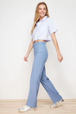 Indigo Straight/Duz Kesim Yuksek Bel Nervur Dikisli Dokuma Pantolon TWOSS21PL0093