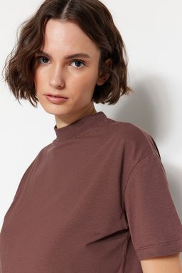 Kahverengi-Bej 2li Paket %100 Pamuk Basic Dik Yaka Orme T-Shirt TWOSS20TS1500