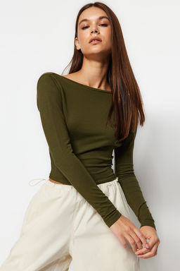 Haki Derin S?rt Dekolteli Fitted/Vucuda Oturan Pamuklu Esnek Orme Bluz TWOAW24BZ00173