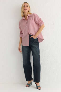 K?rm?z? Cizgili Oversize Genis Kal?p Dokuma Gomlek TWOAW23GO00359