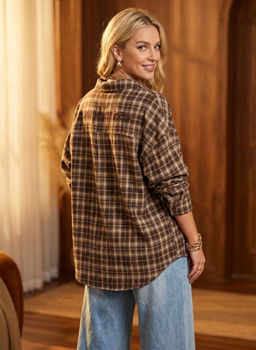 K13552 Рубашка с вышивкой OVER SIZE (хлопок) КОРИЧНЕВЫЙ