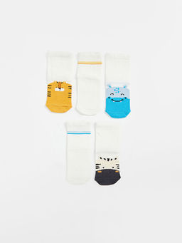 Bask?l? Erkek Bebek Patik ?orap 5li