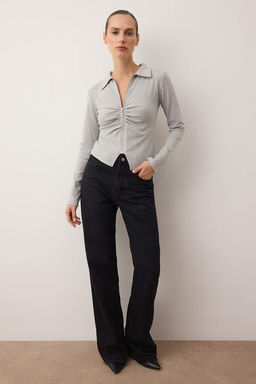 Gri Melanj Polo Yaka Fermuarl? Buzgulu Vucuda Oturan Esnek Orme Bluz TWOAW26BZ00169