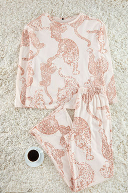 Trendyolmilla Pudra %100 Pamuklu Kaplan Desenli Orme Pijama Tak?m? THMAW25PT00140