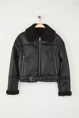 Siyah Regular Kal?p Pelus Detayl? Suni Deri Biker Ceket Mont TWOAW24MO00279
