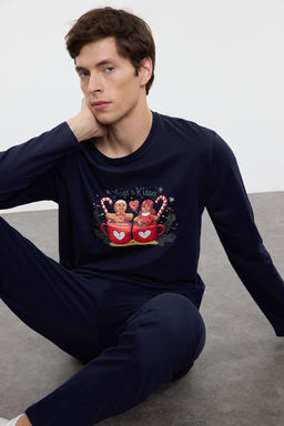 TRENDYOL MAN Lacivert Bask?l? Orme Couple/Cift Pijama Tak?m? TMNAW25PT00046 - Trendyolmilla фото 3