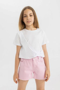 K?z Cocuk Relax Fit Bisiklet Yaka Basic Duz K?sa Kollu Tisort