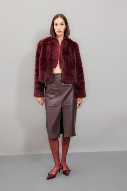 Yuksek Bel Penye Astarl? Y?rtmacl? Midi Suni Deri Bordo Kalem Etek