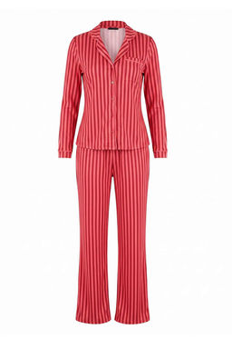 Bordo-Pembe %100 Pamuklu _izgili Biye Detayl_ _rme Pijama Tak_m_ THMAW21PT0614