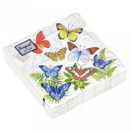 Салфетки бумажные Bouquet de Luxe 24х24см, 3-х слойные, 25 штук в упаковке, 100% целлюлоза, Бабочки (Россия)