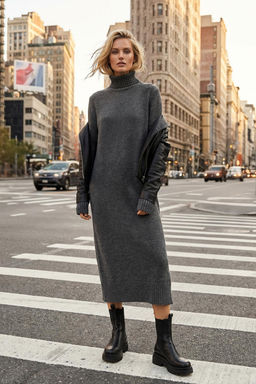 Antrasit Midi Genis Kal?p Yumusak Dokulu Triko Elbise TWOAW24EL00034