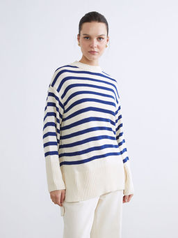 Bisiklet Yaka ?izgili Oversize Kad?n Triko Kazak