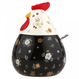 Банка для специй фарфоровая Петушок 460мл, д8-10,5см, h8,2см, с выемкой для ложки, общая h14,7см, металлическая ложка Веточка 12,3см, черный/бежевый с цветочками (Китай) - Домашняя мода фото 2