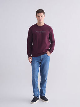 Standart Kal?p Bisiklet Yaka Bask?l? Erkek Kal?n Sweatshirt