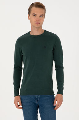 Erkek Slim Fit Bisiklet Yaka Koyu Ye_il Basic Kazak