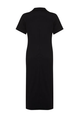 Siyah Polo Yaka K?sa Kol Midi Burumcuk/Dokulu Orme Elbise TWOSS24EL00478