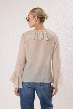 Bej F?rf?rl? Bohem Ince Pamuklu Kumas Uzun Kol Dokuma Bluz TWOSS25BZ00551