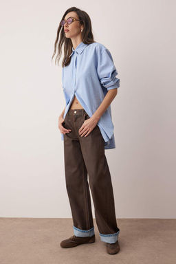 Kahverengi Normal Bel Denim Uzeri Kaplama Detayl? Deri Gorunumlu Wide Leg Jeans TWOAW26JE00117