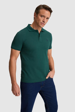 Erkek Koyu Ye_il Slim Fit Polo Yaka Basic Ti__rt