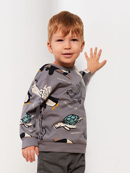 Bisiklet Yaka Uzun Kollu Bask?l? Erkek Bebek Sweatshirt