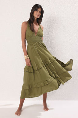 Haki Dokuma Buzgulu Maxi Plaj Elbise TBESS25EL00121