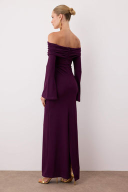 Bordo Vucuda Oturan Carmen Yaka Orme Maxi S?k Abiye Gece Mezuniyet Elbisesi TPRSS24AE00204