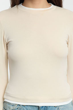 Tas Renk Bloklu Fitted/Vucuda Oturan Viskon/Yumusak Kumasl? Esnek Orme Bluz TWOAW25BZ00114