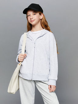 Kap??onlu Basic Uzun Kollu K?z ?ocuk Fermuarl? Sweatshirt