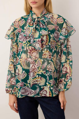 Yesil-Cok Renkli Sifon Sal Desenli Fular Yaka Dokuma Bluz TWOAW26BZ00277 - Trendyolmilla фото 3