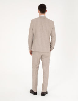 Bej Slim Fit Y_n Keten Kar___ml_ _izgili Tak_m Elbise