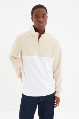 Bej Regular/Normal Kesim Dik Yaka Panelli Fermuarl? Ici Polar/S?cak Tutan Sweatshirt TMNAW21SW0347
