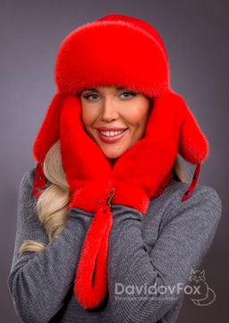 Комплект ушанка трикотаж норка алая, варежки