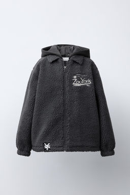 FAUX SHEARLING OVERSHIRT WITH REMOVABLE HOOD AND EMBROIDERED ZOO YORK® X ZARA DETAIL