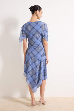 Cok Renkli Ekose Melek Kol K?sa Kollu Volanl?/F?rf?rl? Midi Kopuk Orme Elbise TWOSS26EL00146