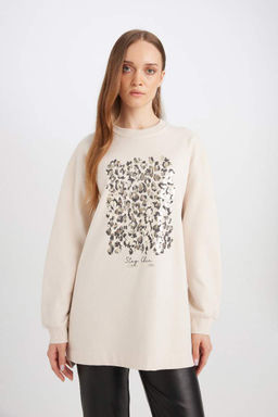 Тонкий свитшот-туника с круглым вырезом и принтом Relax Fit, подкладка из мягкого меха - Defacto фото 4