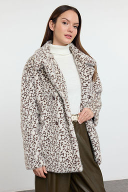 Cok Renkli Kahverengi Leopar Desenli Oversize Kal?p Uzun Kurk Mont TWOAW25MO00190